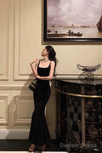 Sexy Mermaid Spaghetti Straps Black Satin Backless Prom Dresses Birthday Outfits