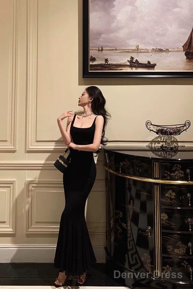 Sexy Mermaid Spaghetti Straps Black Satin Backless Prom Dresses Birthday Outfits