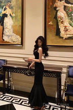 Sexy Mermaid Spaghetti Straps Black Satin Backless Prom Dresses Birthday Outfits