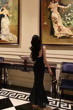 Sexy Mermaid Spaghetti Straps Black Satin Backless Prom Dresses Birthday Outfits