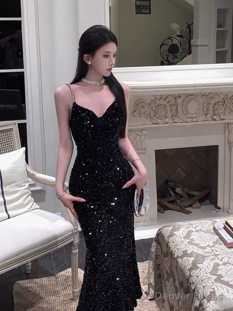 Sexy Mermaid Spaghetti Straps Black Sequin Prom Dress Secondary image