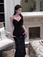 Sexy Mermaid Spaghetti Straps Black Sequin Prom Dress