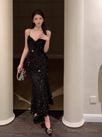 Sexy Mermaid Spaghetti Straps Black Sequin Prom Dress
