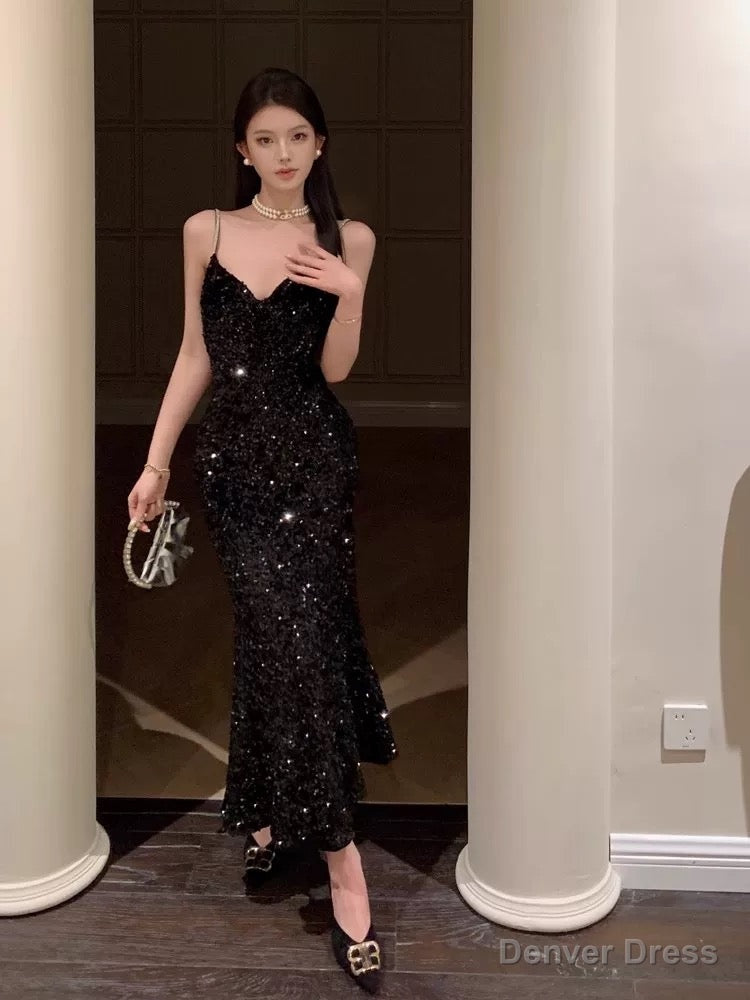 Sexy Mermaid Spaghetti Straps Black Sequin Prom Dress