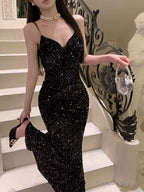 Sexy Mermaid Spaghetti Straps Black Sequin Prom Dress