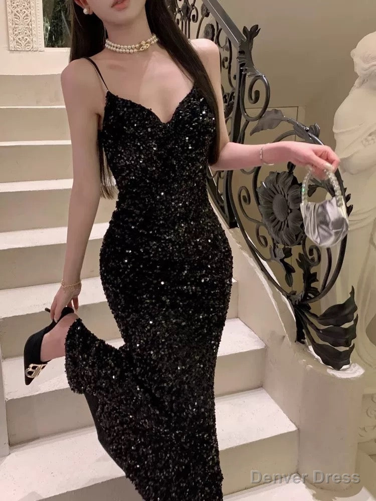 Sexy Mermaid Spaghetti Straps Black Sequin Prom Dress