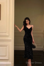 Sexy Mermaid Spaghetti Straps Black Sequin Prom Dresses Birthday Outfits