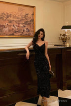 Sexy Mermaid Spaghetti Straps Black Sequin Prom Dresses Birthday Outfits