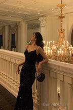 Sexy Mermaid Spaghetti Straps Black Sequin Prom Dresses Birthday Outfits