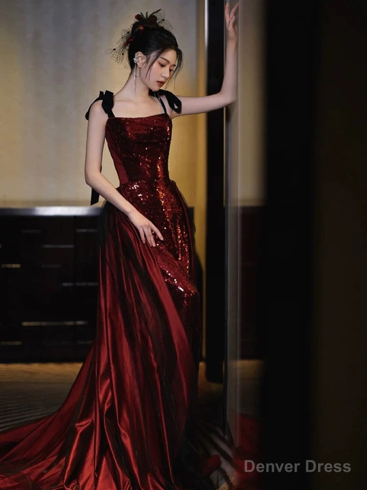Sexy Mermaid Spaghetti Straps Burgundy Floor Length Prom Dress