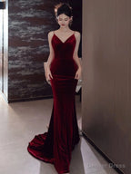 Sexy Mermaid Spaghetti Straps Burgundy Velvet Long Prom Dress