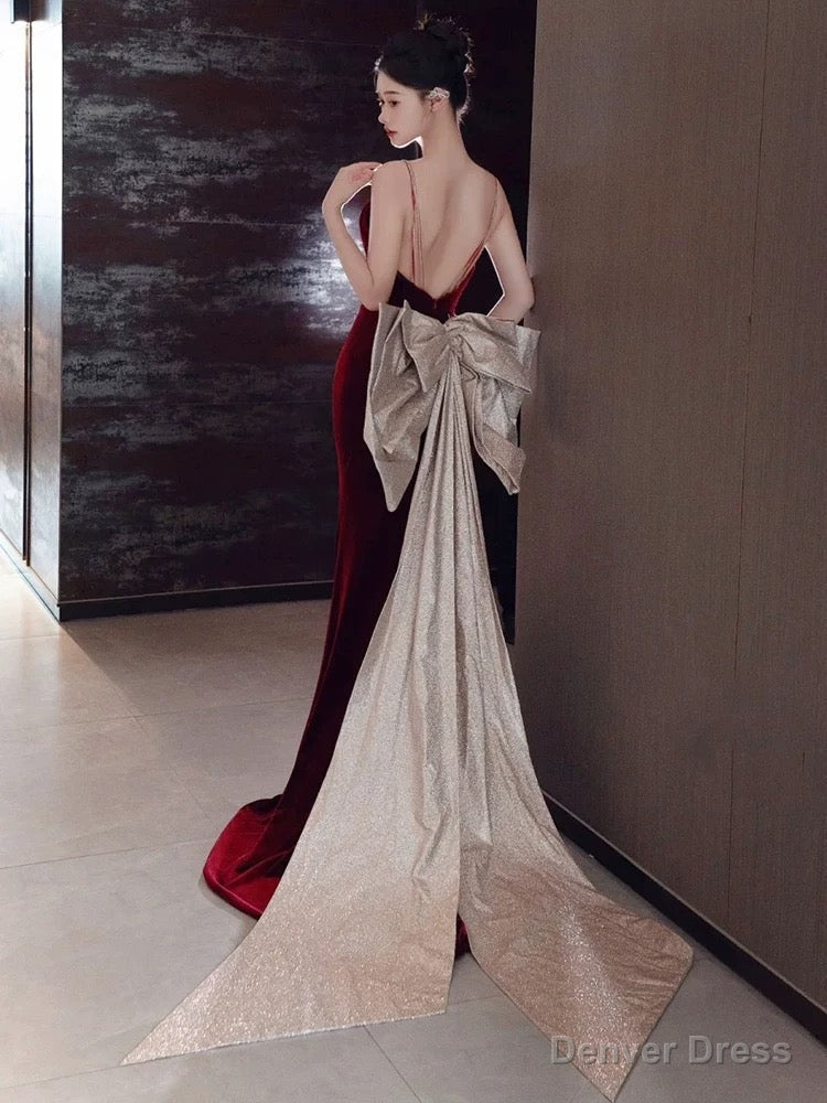 Sexy Mermaid Spaghetti Straps Burgundy Velvet Long Prom Dress