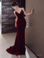 Sexy Mermaid Spaghetti Straps Burgundy Velvet Long Prom Dress