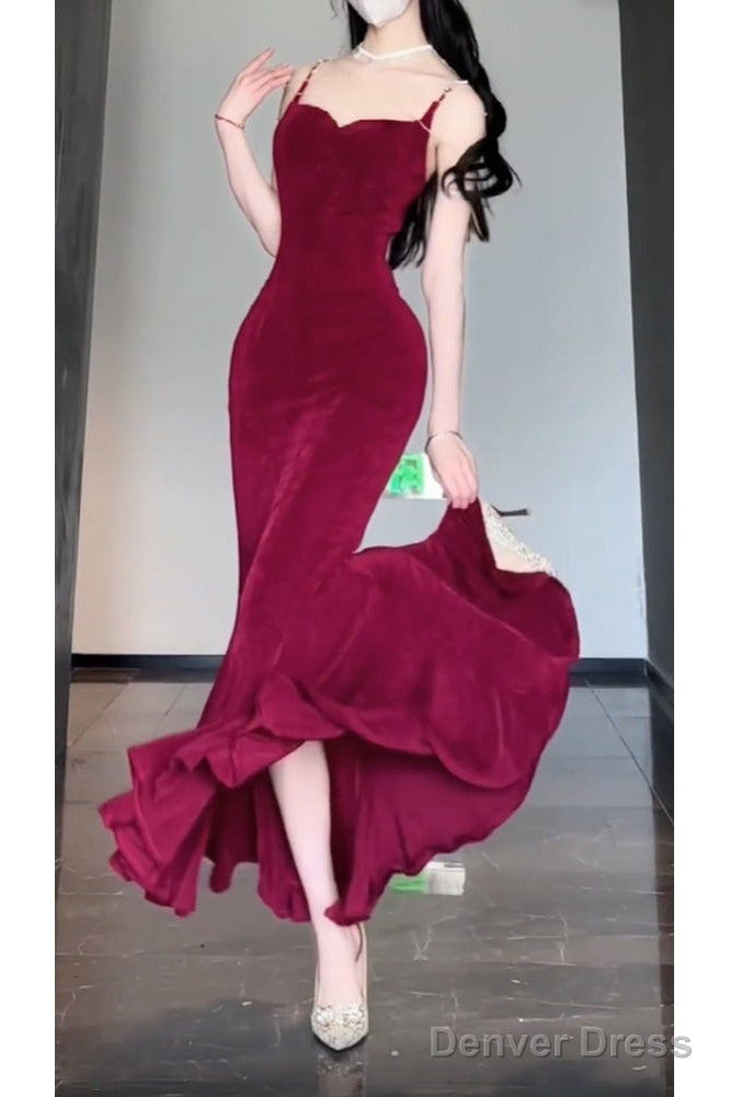 Sexy Mermaid Spaghetti Straps Christmas Dress Burgundy Prom Dresses Birthday Outfits Secondary image