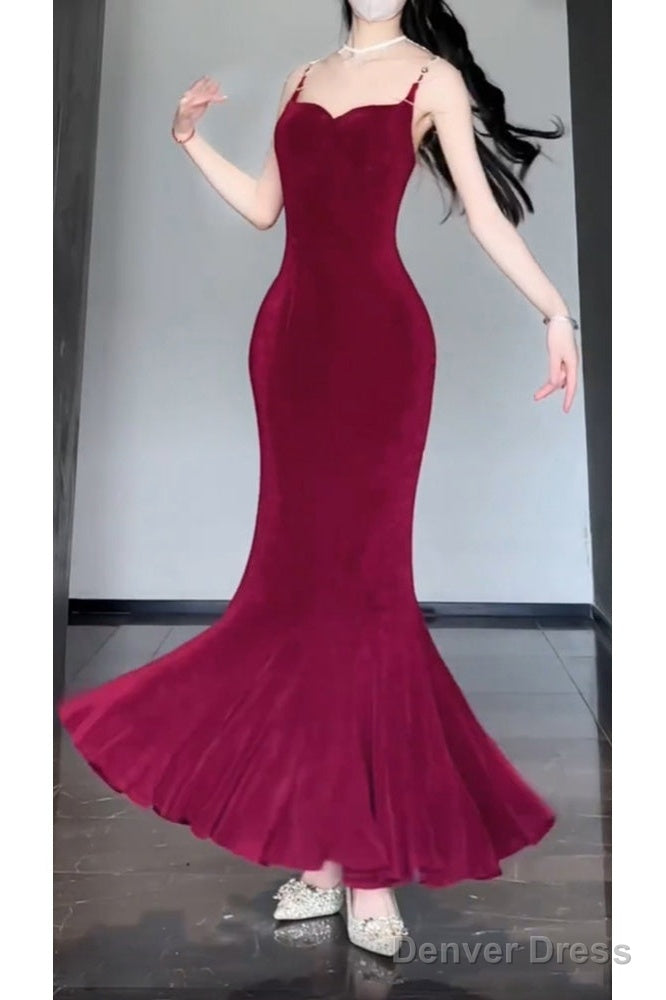 Sexy Mermaid Spaghetti Straps Christmas Dress Burgundy Prom Dresses Birthday Outfits Main image