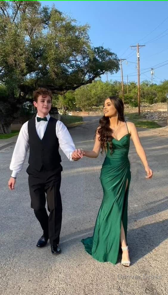 Sexy Mermaid Spaghetti Straps Dark Green High Slit Long Prom Dresses Main image