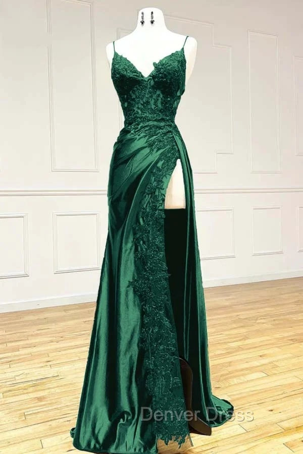 Sexy Mermaid Spaghetti Straps Dark Green Lace Backless Prom Dresses Long Party Dresses