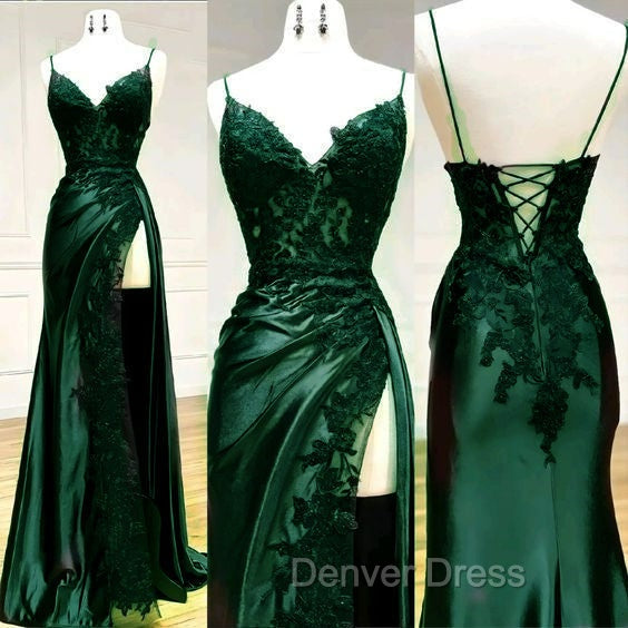 Sexy Mermaid Spaghetti Straps Dark Green Lace Backless Prom Dresses Long Party Dresses