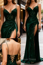 Sexy Mermaid Spaghetti Straps Dark Green Lace Backless Prom Dresses Long Party Dresses