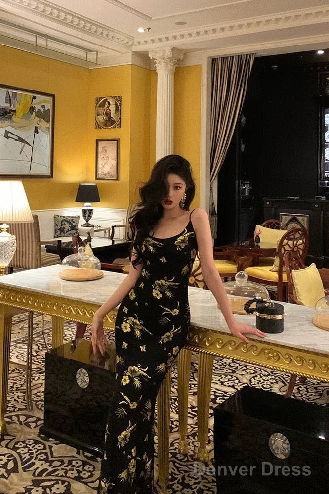 Sexy Mermaid Spaghetti Straps Floral Black Prom Dresses Ankle Length Birthday Outfits