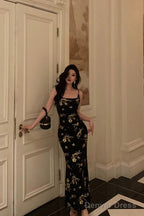 Sexy Mermaid Spaghetti Straps Floral Black Prom Dresses Ankle Length Birthday Outfits