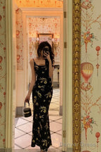 Sexy Mermaid Spaghetti Straps Floral Black Prom Dresses Ankle Length Birthday Outfits