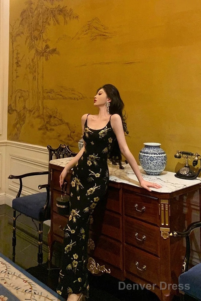 Sexy Mermaid Spaghetti Straps Floral Black Prom Dresses Ankle Length Birthday Outfits Main image