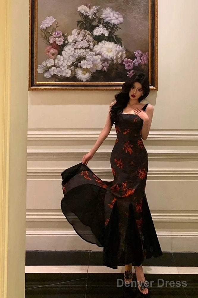 Sexy Mermaid Spaghetti Straps Floral Black Prom Dresses Birthday Outfits