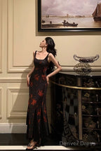 Sexy Mermaid Spaghetti Straps Floral Black Prom Dresses Birthday Outfits