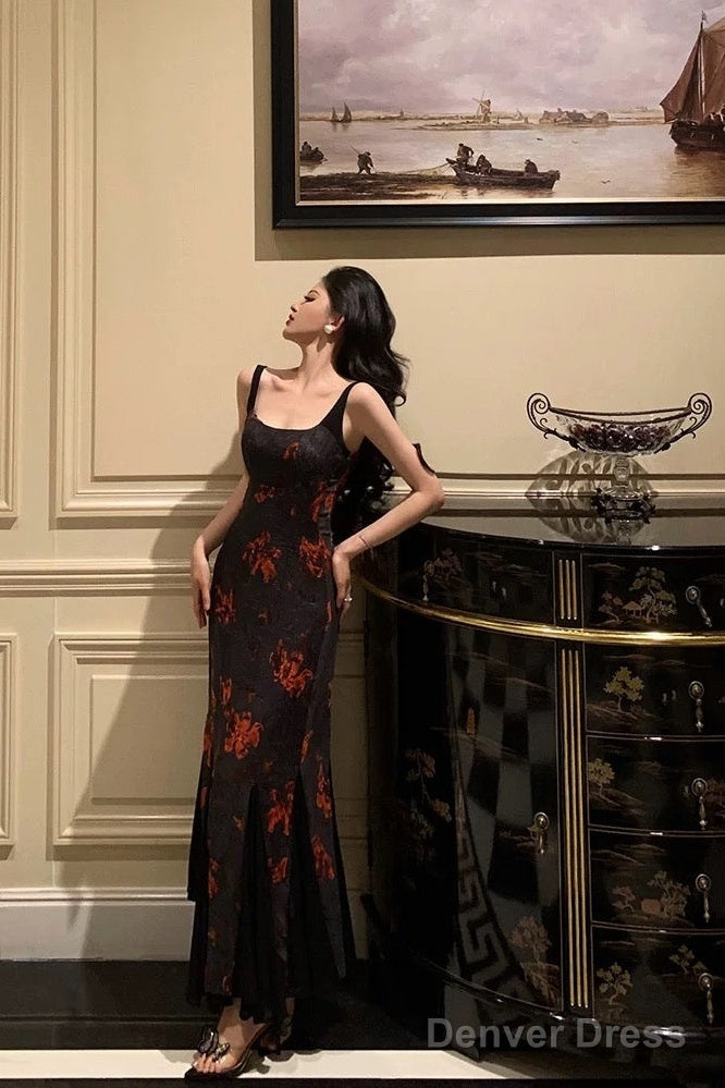 Sexy Mermaid Spaghetti Straps Floral Black Prom Dresses Birthday Outfits