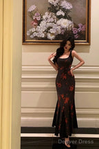 Sexy Mermaid Spaghetti Straps Floral Black Prom Dresses Birthday Outfits