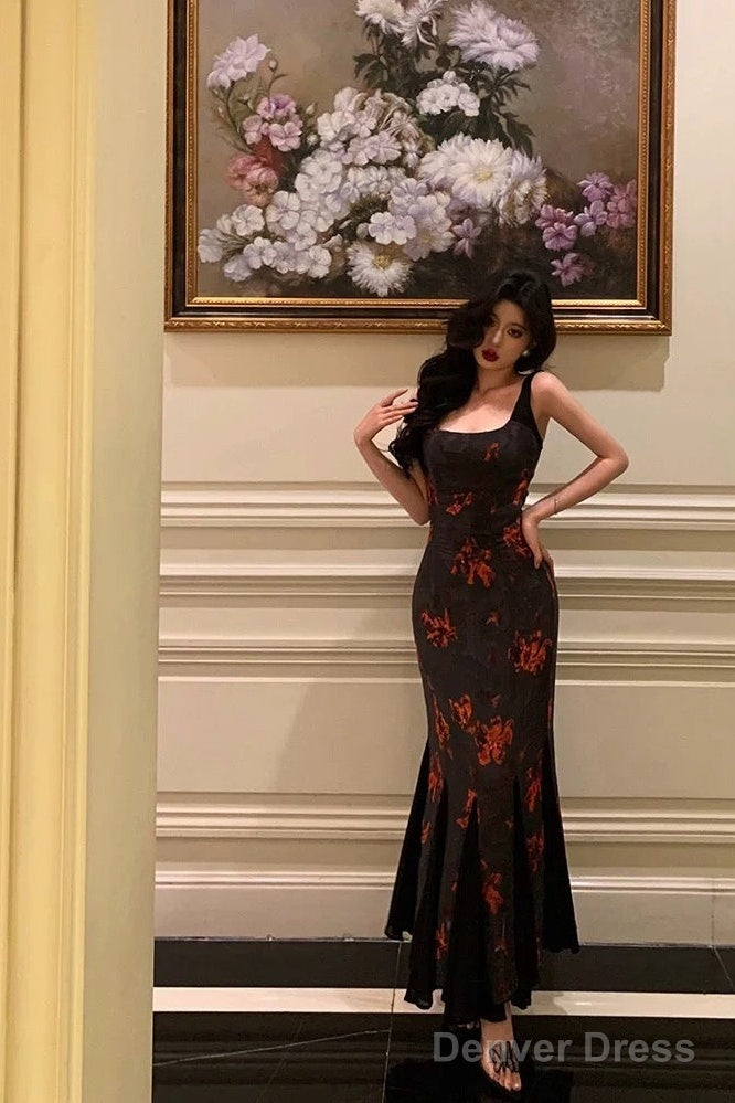 Sexy Mermaid Spaghetti Straps Floral Black Prom Dresses Birthday Outfits