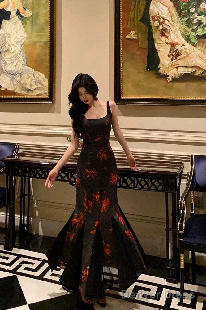 Sexy Mermaid Spaghetti Straps Floral Black Prom Dresses Birthday Outfits