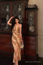 Sexy Mermaid Spaghetti Straps Floral Slit Long Prom Dresses Birthday Outfit