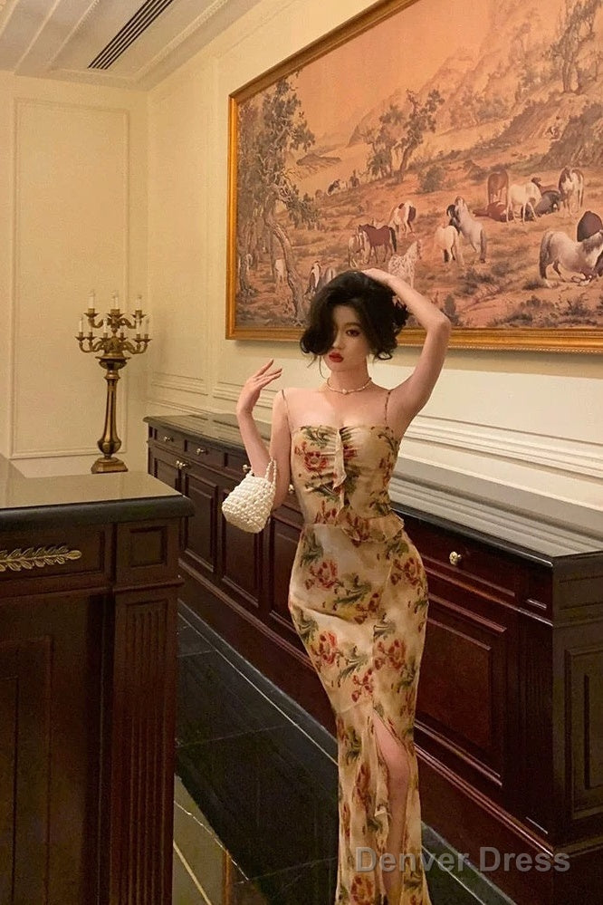 Sexy Mermaid Spaghetti Straps Floral Slit Long Prom Dresses Birthday Outfit