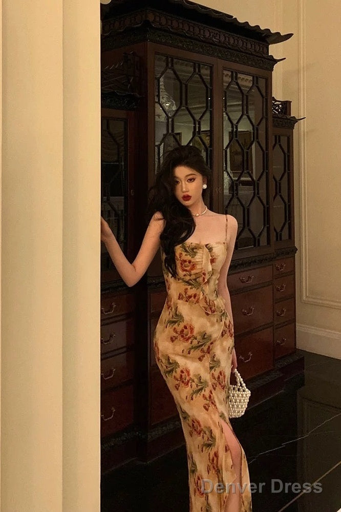 Sexy Mermaid Spaghetti Straps Floral Slit Long Prom Dresses Birthday Outfit
