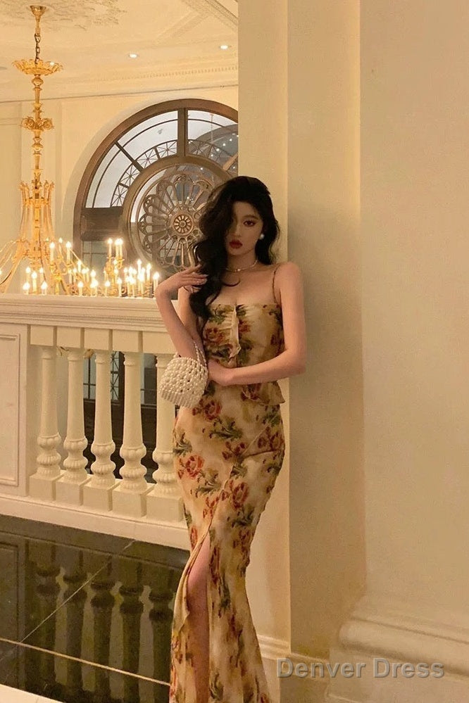 Sexy Mermaid Spaghetti Straps Floral Slit Long Prom Dresses Birthday Outfit Main image
