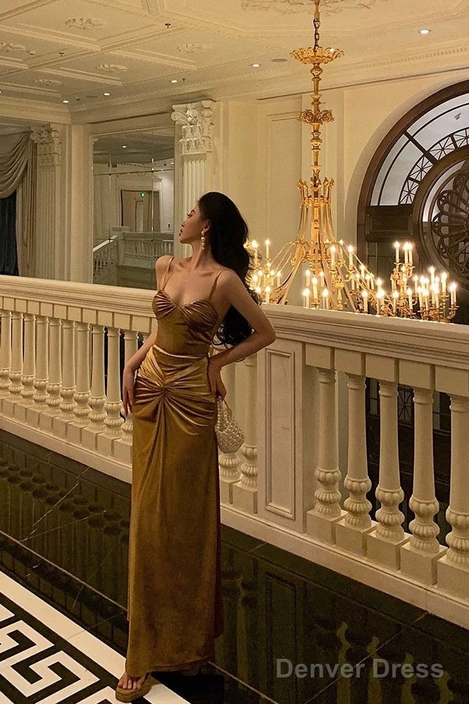Sexy Mermaid Spaghetti Straps Gold Velvet Long Prom Dresses Birthday Outfits
