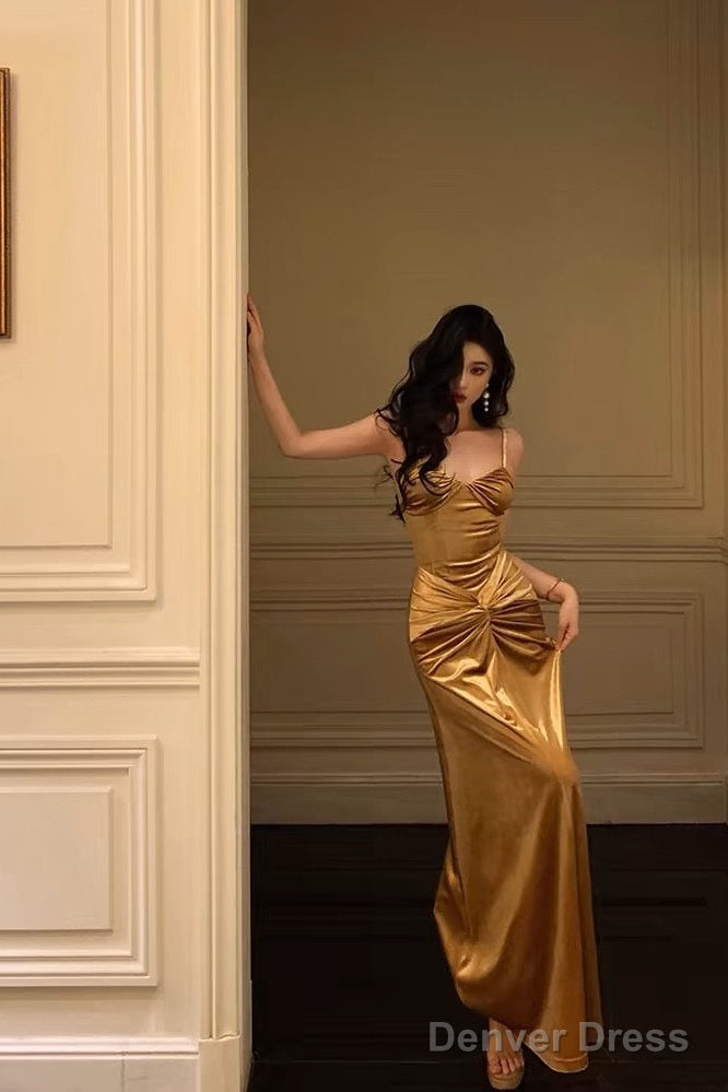 Sexy Mermaid Spaghetti Straps Gold Velvet Long Prom Dresses Birthday Outfits Main image