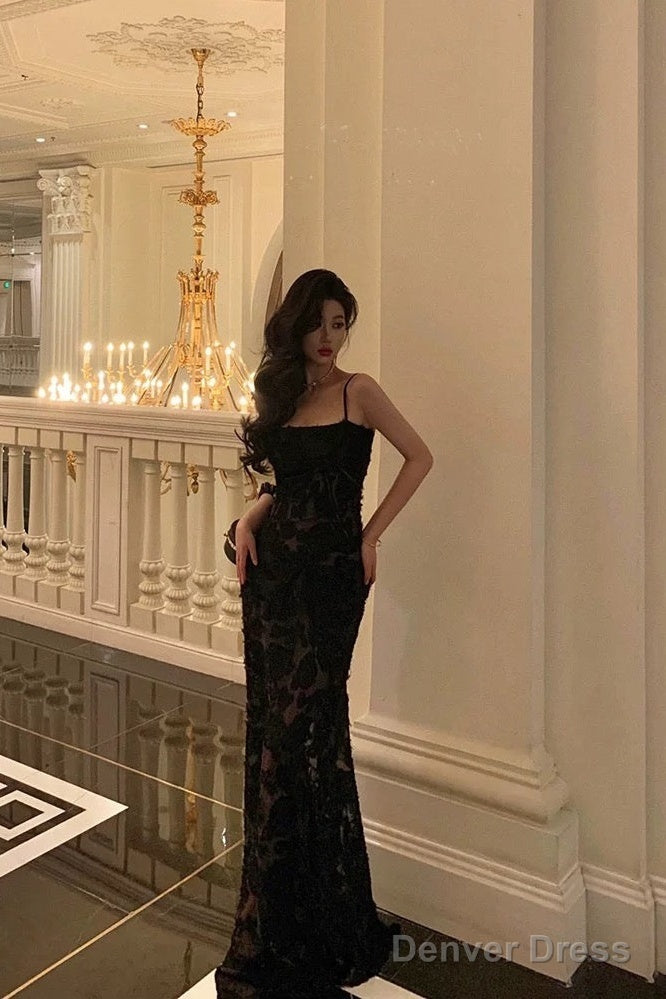 Sexy Mermaid Spaghetti Straps Lace Long Black Prom Dresses Birthday Outfits Secondary image