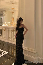 Sexy Mermaid Spaghetti Straps Lace Long Black Prom Dresses Birthday Outfits