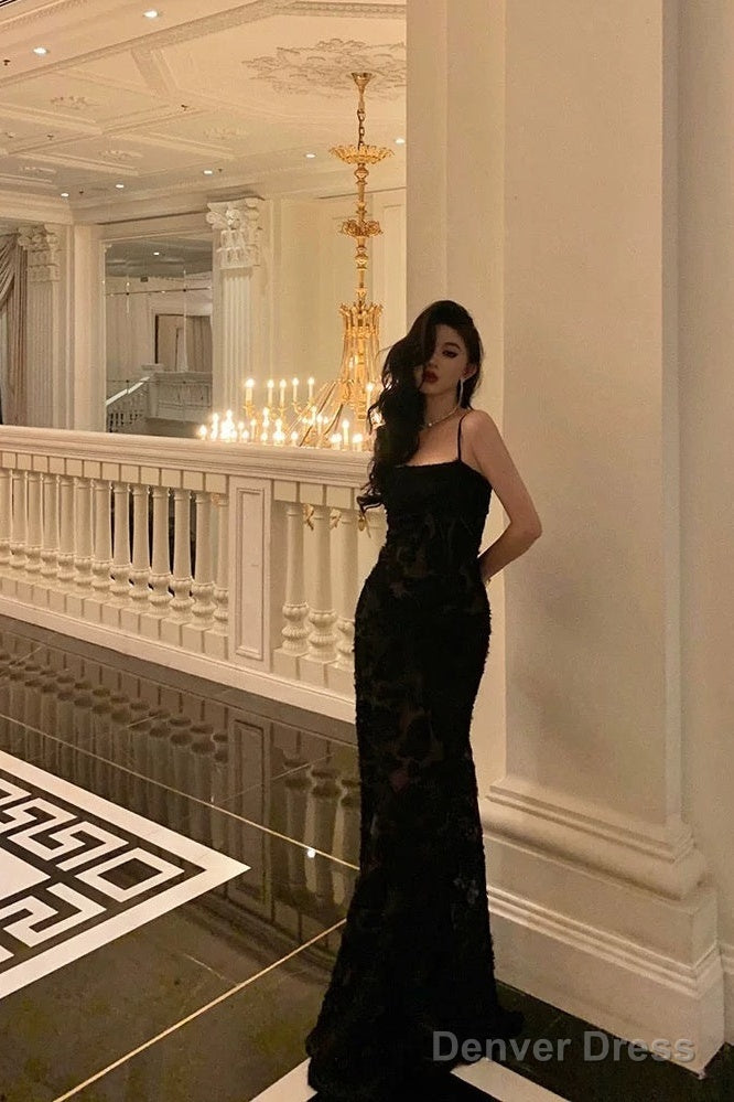 Sexy Mermaid Spaghetti Straps Lace Long Black Prom Dresses Birthday Outfits Main image