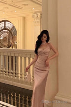 Sexy Mermaid Spaghetti Straps Pink Satin Ankle Length Prom Dresses Birthday Outfits