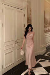 Sexy Mermaid Spaghetti Straps Pink Satin Ankle Length Prom Dresses Birthday Outfits