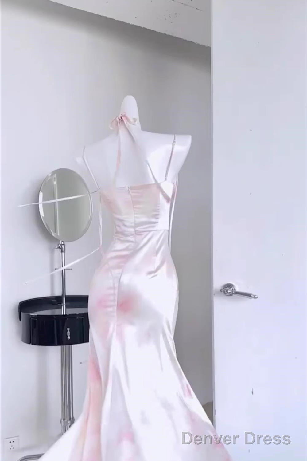 Sexy Mermaid Spaghetti Straps Pink Satin Prom Dress Night Dresses Birthday Outfits