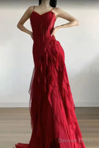 Sexy Mermaid Spaghetti Straps Red Chiffon Ruffles Birthday Dresses Long Prom Dress