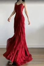 Sexy Mermaid Spaghetti Straps Red Chiffon Ruffles Birthday Dresses Long Prom Dress