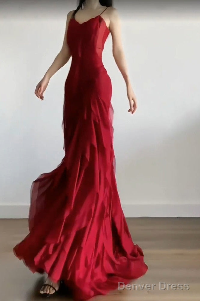 Sexy Mermaid Spaghetti Straps Red Chiffon Ruffles Birthday Dresses Long Prom Dress