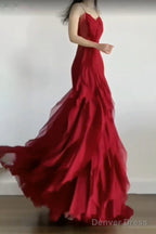Sexy Mermaid Spaghetti Straps Red Chiffon Ruffles Birthday Dress Long Prom Dresses