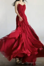 Sexy Mermaid Spaghetti Straps Red Chiffon Ruffles Birthday Dresses Long Prom Dress